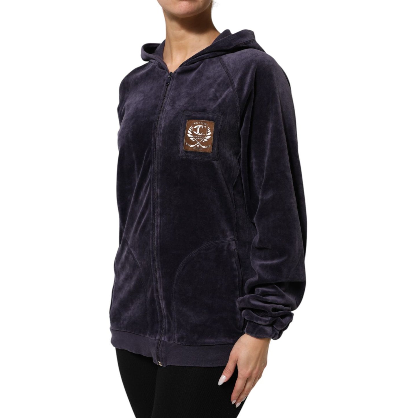 Cavalli Class Purple Cotton Blend Velvet Zip-Up Hoodie Sweatshirt Sweater