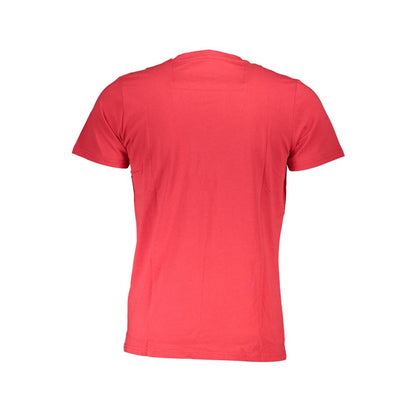 Back view of Cavalli Class Red Cotton Men T-Shirt showcasing its vibrant red color and comfortable short sleeves.