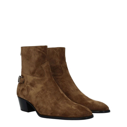 Celine Brown Leather Ankle Boots with vintage effect, suede material, silver details, and mid heel, featuring zip closure and round toe.