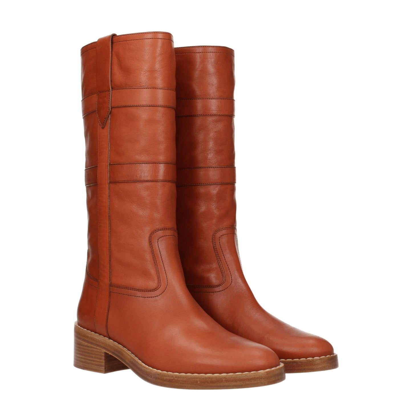 Celine Brown Leather Boots with vintage effect and side logo, casual style with mid heels and round toe, made from brown leather.