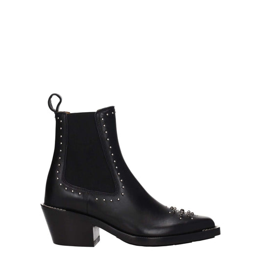 Chloé Black Leather Ankle Boots with studs and silver stones, featuring mid heels and square toe.