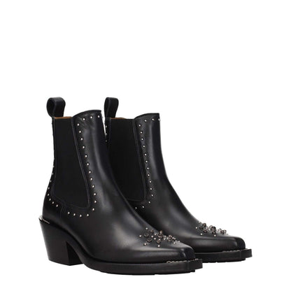 Chloé Black Leather Ankle Boots with studs and stones, featuring a square toe and mid heels, perfect for a casual style.