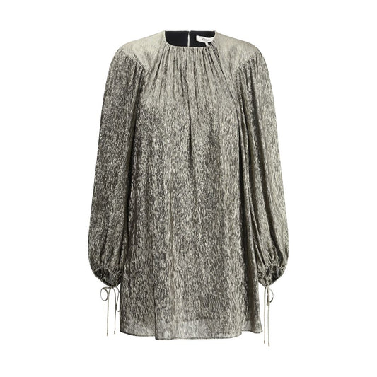 Chloé Gold Silk Cocktail Dress with puff sleeves and back button closure, perfect for evening elegance, SS25 collection.