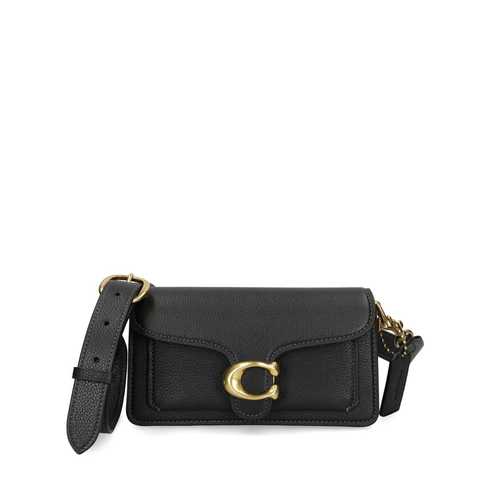 Coach Tabby 20 leather crossbody bag in black with gold hardware, featuring multifunctional pockets and a removable shoulder strap.