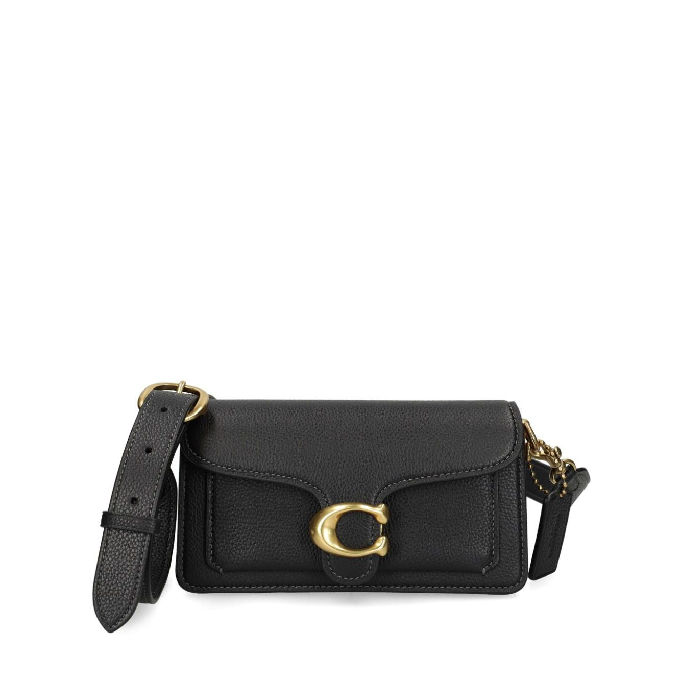 Coach Tabby 20 leather crossbody bag in black with gold hardware, featuring multifunctional pockets and a removable shoulder strap.