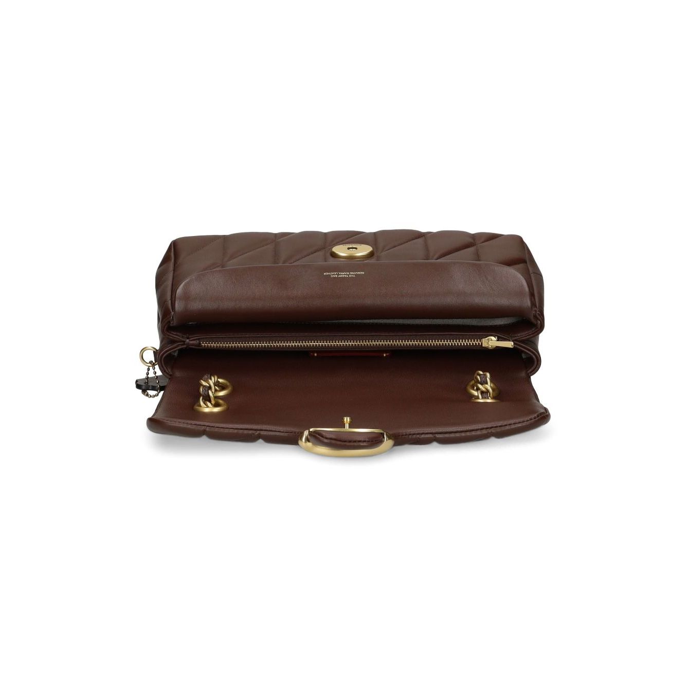 Interior view of the Coach Tabby 26 Shoulder Bag in chestnut brown quilted nappa leather with magnetic fastening and zip pocket detail.