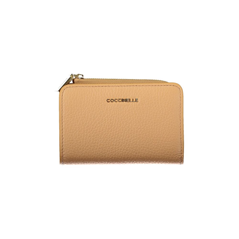 Coccinelle Brown Leather Women Wallet with zipper closure, refined elegance, multiple compartments, sleek design, metallic details.