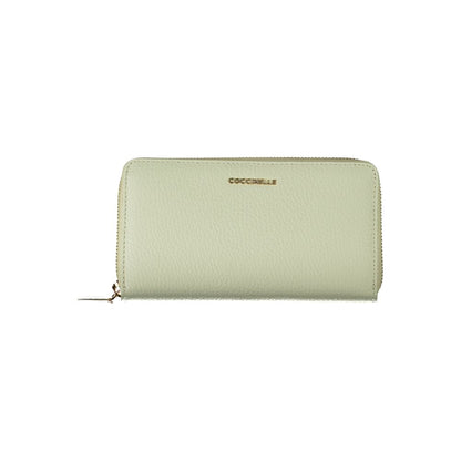 Coccinelle Green Leather Wallet with zip closure, 5 compartments, coin purse, and card spaces, featuring the Coccinelle logo.