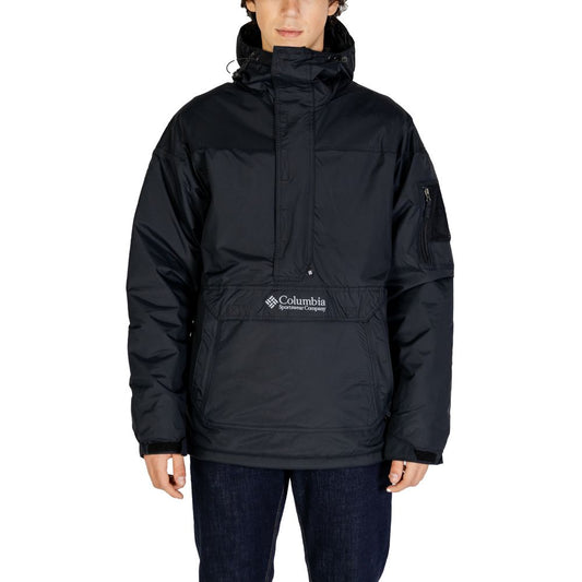 Columbia Black Nylon Shell Jacket with insulation for warmth and comfort, featuring multiple pockets, worn by a male model.