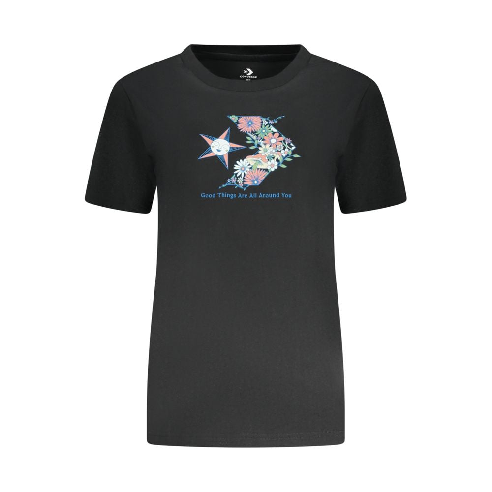Converse Black Cotton Women T-Shirt with floral graphic and logo design, showing casual chic style in slim fit crew neck.