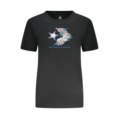 Converse Black Cotton Women T-Shirt with floral graphic and logo design, showing casual chic style in slim fit crew neck.