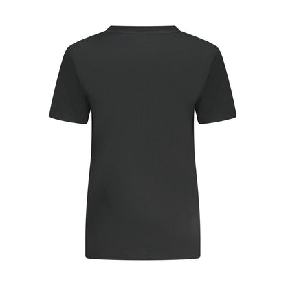 Rear view of Converse Black Cotton Women T-Shirt in slim fit, showcasing crew neck and sleek design.