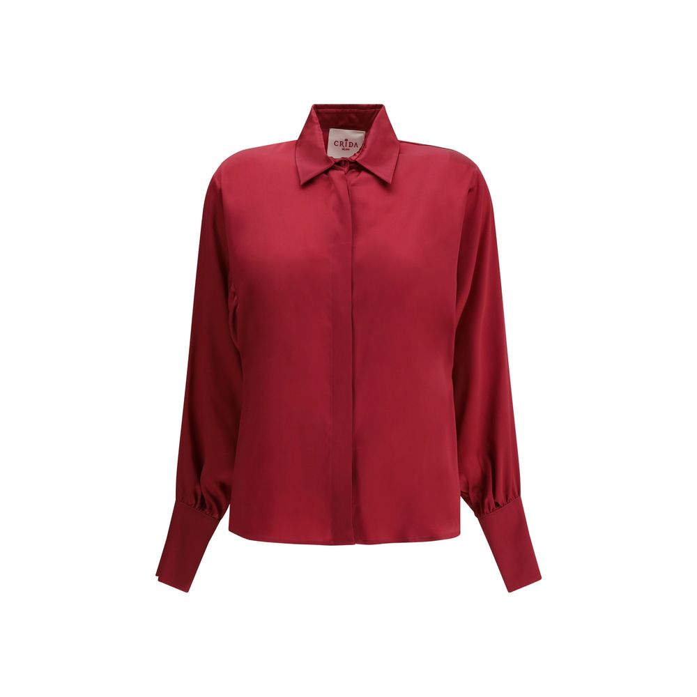 Crida Milano Multicolor Silk Shirt with elegant high collar and satin texture, showcasing minimalist elegance in vibrant red.