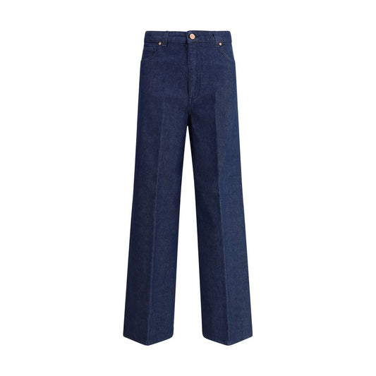 Cruna Blue Cotton Relaxed Fit Jeans, wide leg, five pockets, perfect for casual style, SS25 season, 100% cotton composition.
