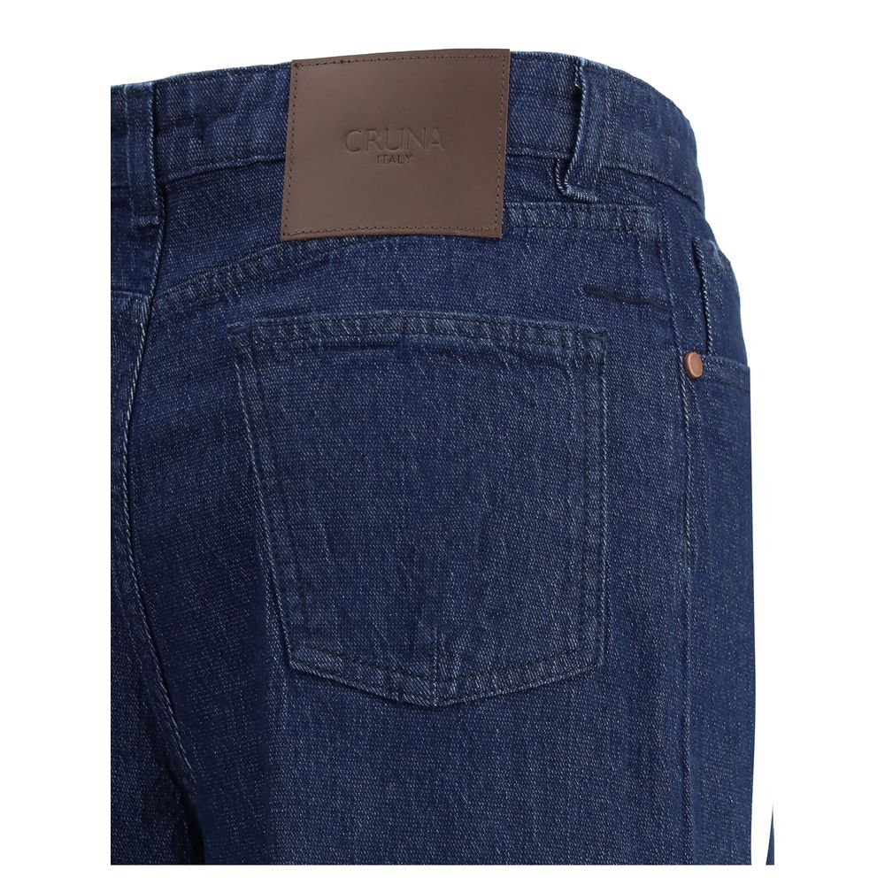Back view of Cruna Blue Cotton Relaxed Fit Jeans showcasing wide leg and classic pocket design.