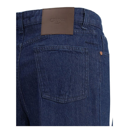 Back view of Cruna Blue Cotton Relaxed Fit Jeans showcasing wide leg and classic pocket design.