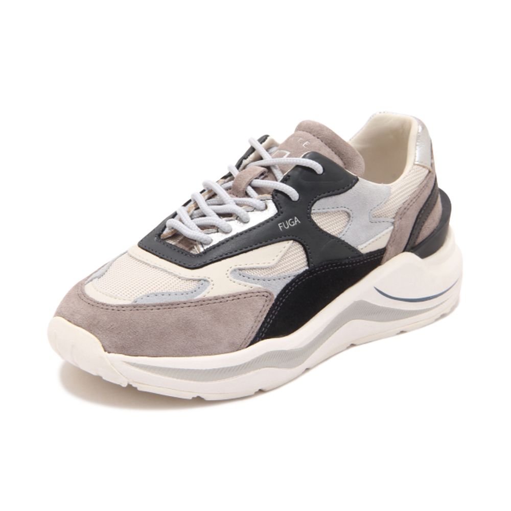 D.A.T.E Beige Leather Sneaker with brown suede inserts and metalized heel on white background.