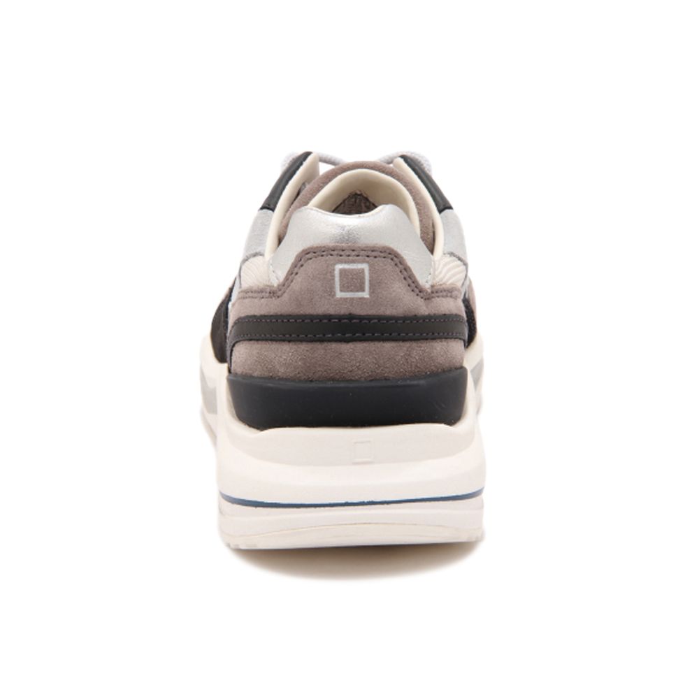 Rear view of D.A.T.E Beige Leather Sneaker featuring brown suede and metalized heel.