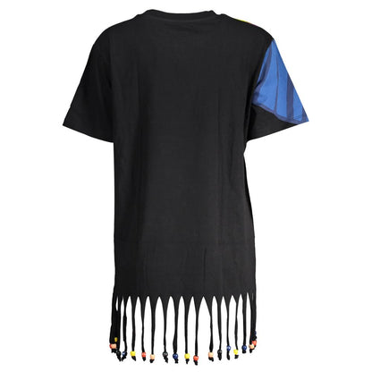 Desigual Black Cotton Women Dress with fringe hem and blue sleeve detail, showcasing bold and vibrant design.