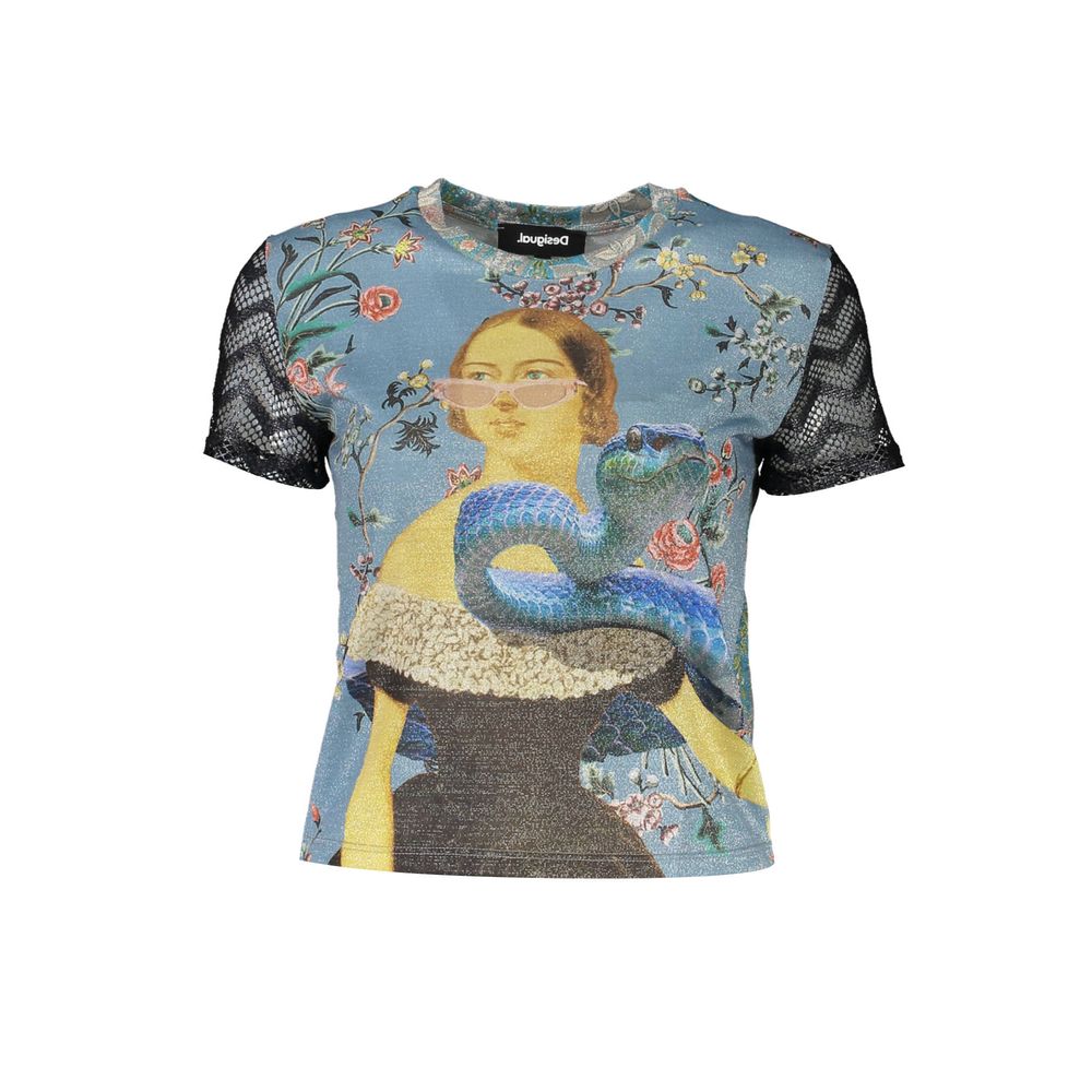 Desigual Blue Polyester Women T-Shirt with vibrant print and metallic accents, short sleeves, featuring iconic Desigual logo.