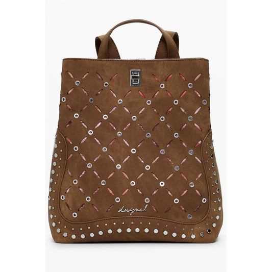 Desigual Brown Polyethylene Women Backpack with studded details and multiple compartments. Stylish accessory for bold, fashion-forward individuals.