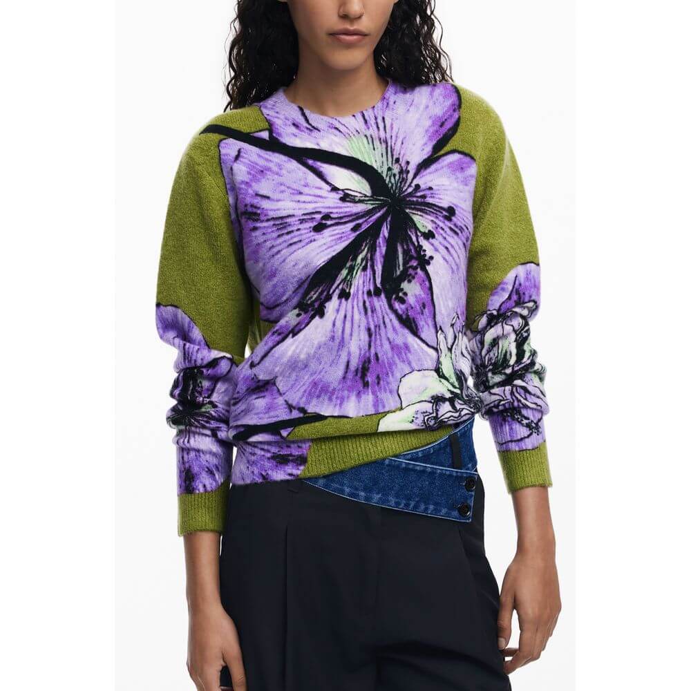 Desigual Purple Elastane Women Sweater with vibrant floral design and high-neck elegance for a statement fashion look.