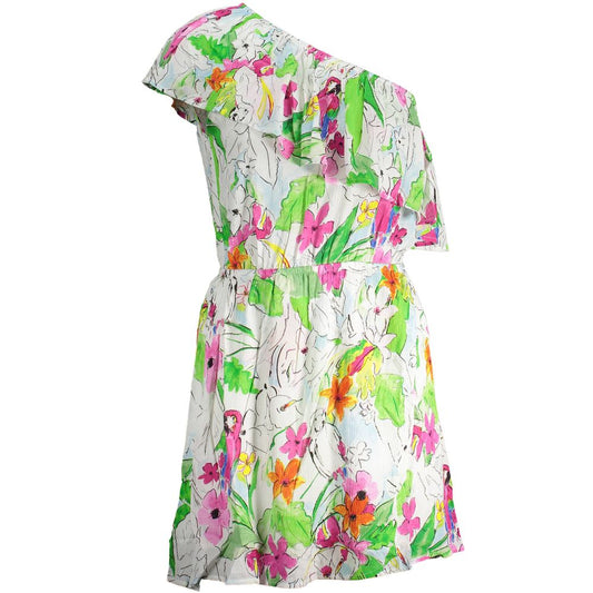 Desigual White Viscose Women Dress with floral print and unique one-shoulder design, embodying modern femininity and elegance.