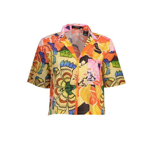 Desigual Yellow Cotton Shirt with print, short sleeves, V neckline, buttons, and logo.