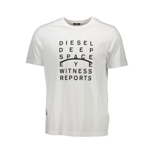 Diesel White Cotton Men T-Shirt with bold print and Diesel logo, stylish casual wear for modern fashion enthusiasts.