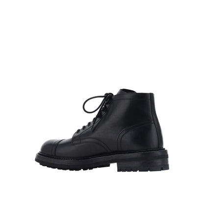 Dolce & Gabbana Black Calfskin Lace-Up Boots for men, featuring leather composition, round toe, and front lace-up closure.