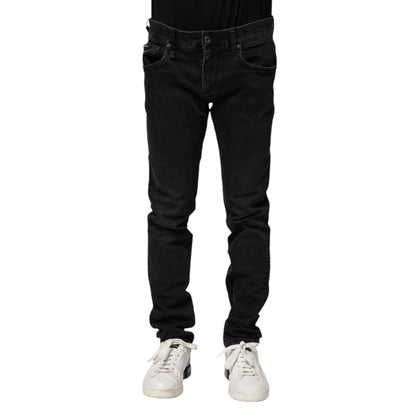 Dolce & Gabbana Black Cotton Skinny Men Denim Jeans with logo details, regular fit, made in Italy