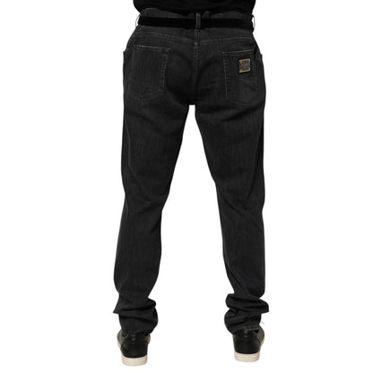 Dolce & Gabbana Black Cotton Slim Fit Distressed Ripped Logo Jeans