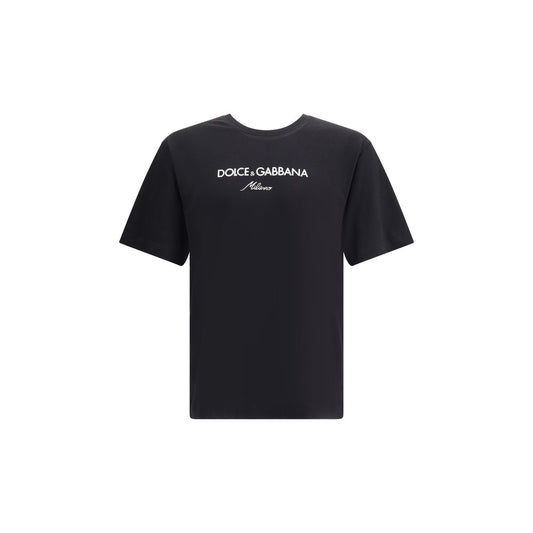 Dolce & Gabbana Black Cotton T-Shirt with logo embroidery, ribbed crew neck, AW25 season, 100% cotton, regular fit elegance.