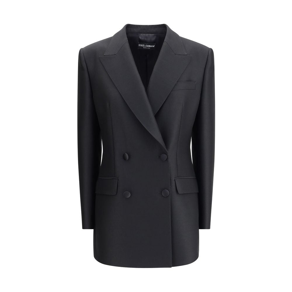 Dolce & Gabbana Black Fleece Wool Blazer with double-breasted design, peaked lapels, and four-button closure for elegant style.