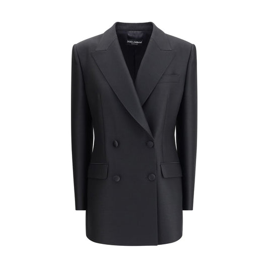 Dolce & Gabbana Black Fleece Wool Blazer with double-breasted design, peaked lapels, and four-button closure for elegant style.