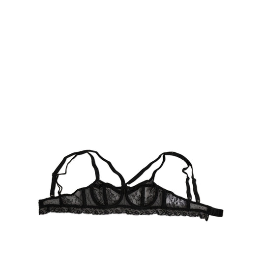 Dolce & Gabbana Black Floral Lace Nylon Balconcino Bra Underwear with logo details and hook closure, crafted in Italy.