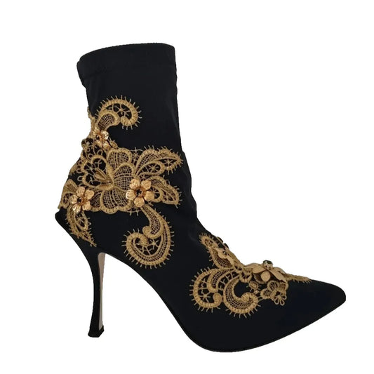 Dolce & Gabbana Black Gold Embroidery Crystal Boots Shoes LA12411-35.5