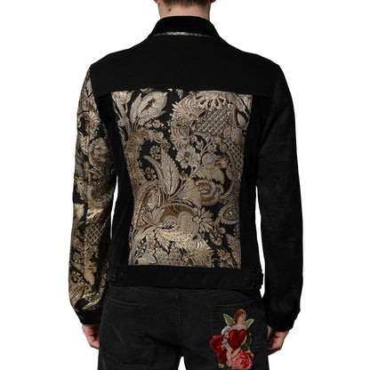 Dolce & Gabbana Black Gold Floral Jacquard Men Biker Jacket