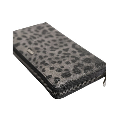 Dolce & Gabbana Black Gray Leopard Leather Zip Around Continental Wallet