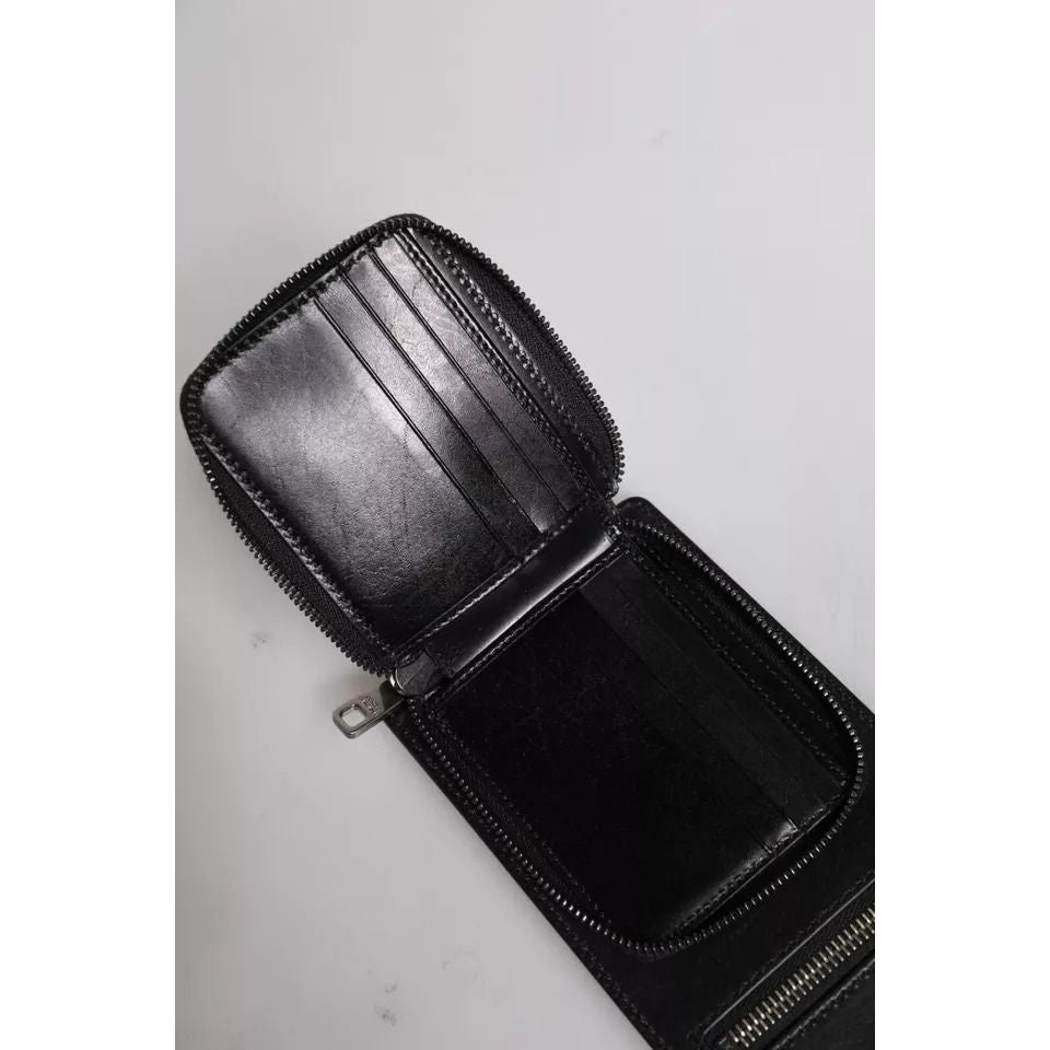 Dolce & Gabbana Black Horse Leather Zip Logo Shoulder Neck Strap Wallet