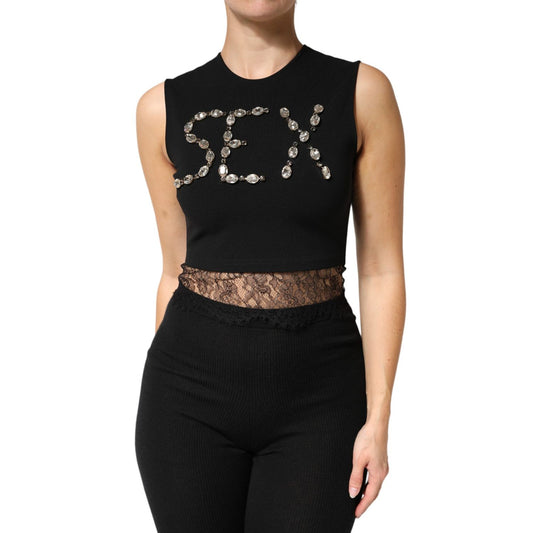 Dolce & Gabbana Black Jersey Lace Ruching Rhinestone Tank Top