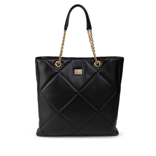 Dolce & Gabbana Black Leather Matelassé Tote Bag with gold chains, snap closure, and logo tag on front.