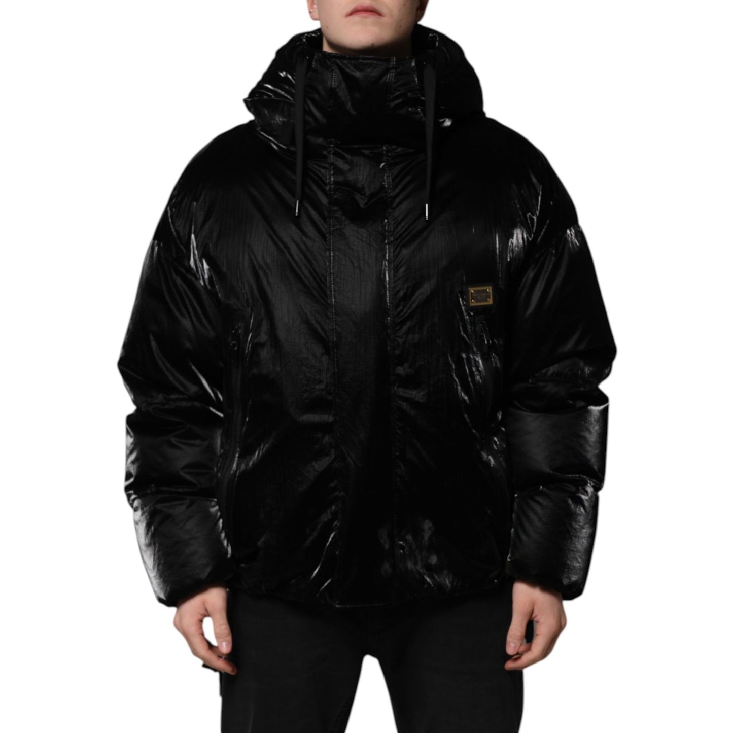 Dolce & Gabbana Black Logo Full Zip Hooded Quilted Jacket with nylon material and zipper closure, made in Italy for great fit and comfort.