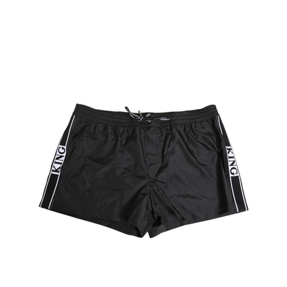 Dolce & Gabbana Black Nylon KING Sideband Men Boxer Shorts Swimwear with logo sidebands and elastic waistband.