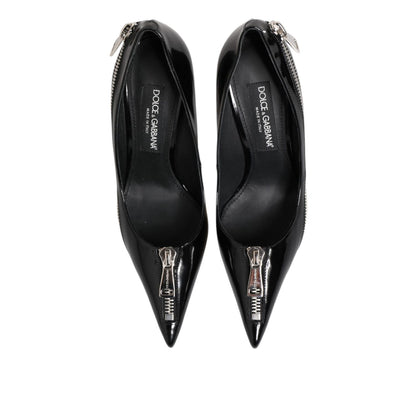 Dolce & Gabbana Black Patent Leather Zipper Heels Pumps Shoes