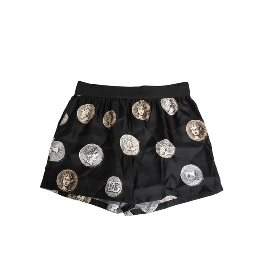 Dolce & Gabbana Black Silk Ancient Coin Print Boxer Short Swimwear