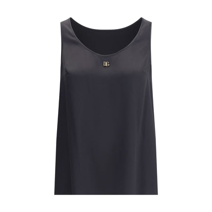 Dolce & Gabbana Black Silk Top with logo plaque, elegant sleeveless design, AW25 collection, 100% silk for a refined and luminous texture.