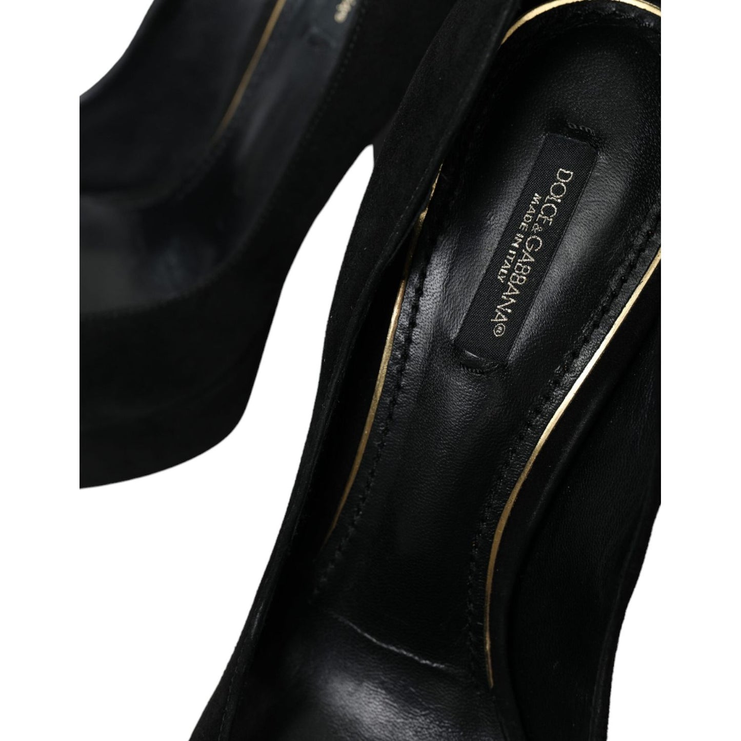 Dolce & Gabbana Black Suede Leather Platform Heel Pumps Shoes with embossed logo detail on leather insole, high-quality Italian craftsmanship.
