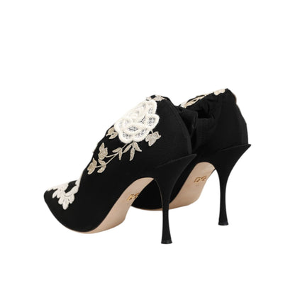 Dolce & Gabbana Black White Embroidered Jersey Stiletto Boots Shoes