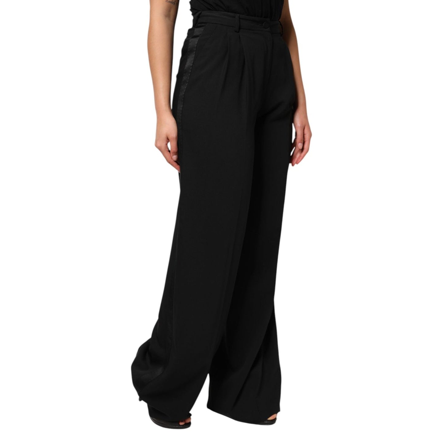 Dolce & Gabbana Black Wool High Waist Wide Leg Pants